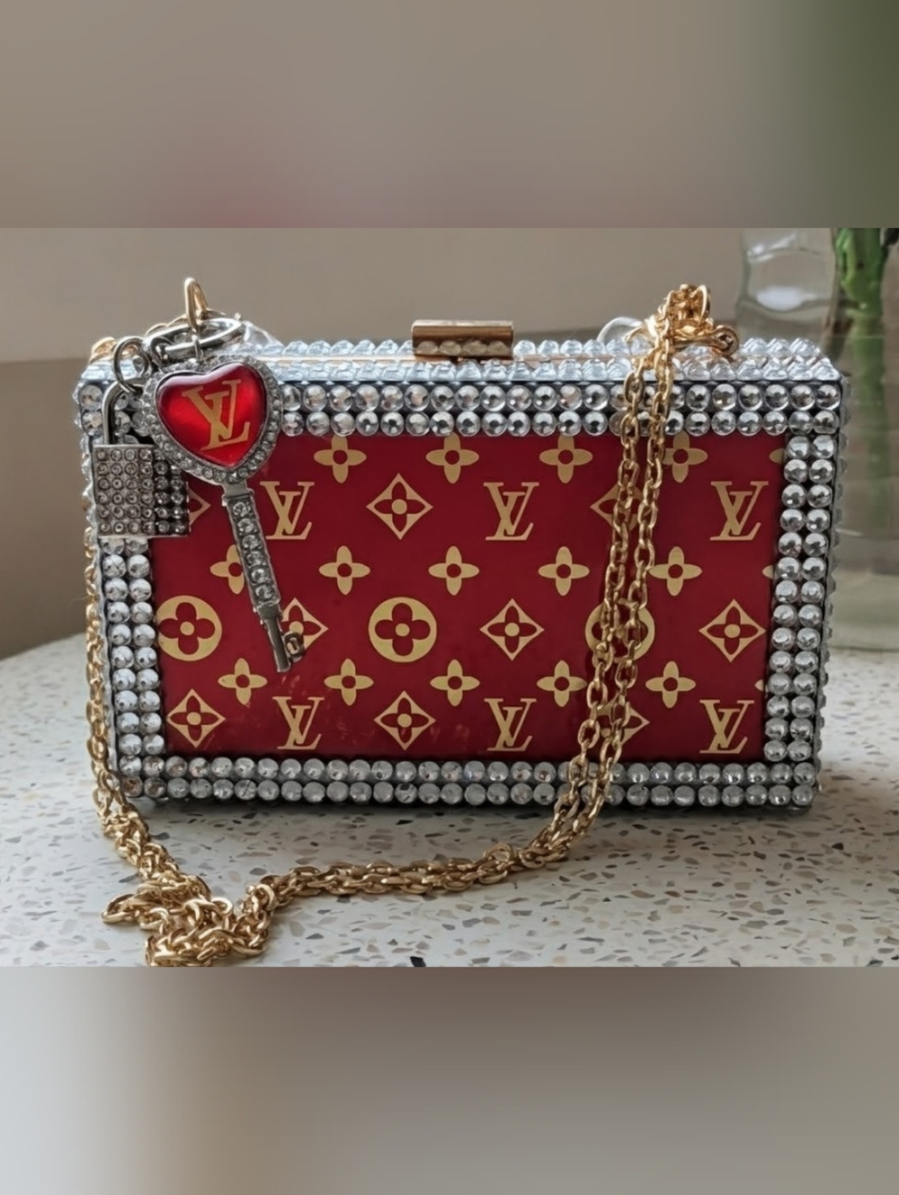 Upcycled Monogram Crystal-Trim Box Clutch with Clear Chain